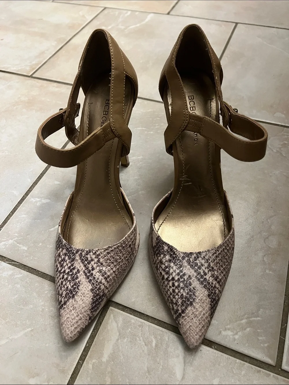 BCBGeneration Brown & Tan Snake-Print Pointed Ankle-Strap Heels